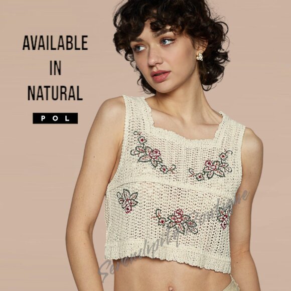 POL Girly Style Boho Loose Fit Crochet Embroidery Floral Sleeveless Crop Top - Picture 7 of 9